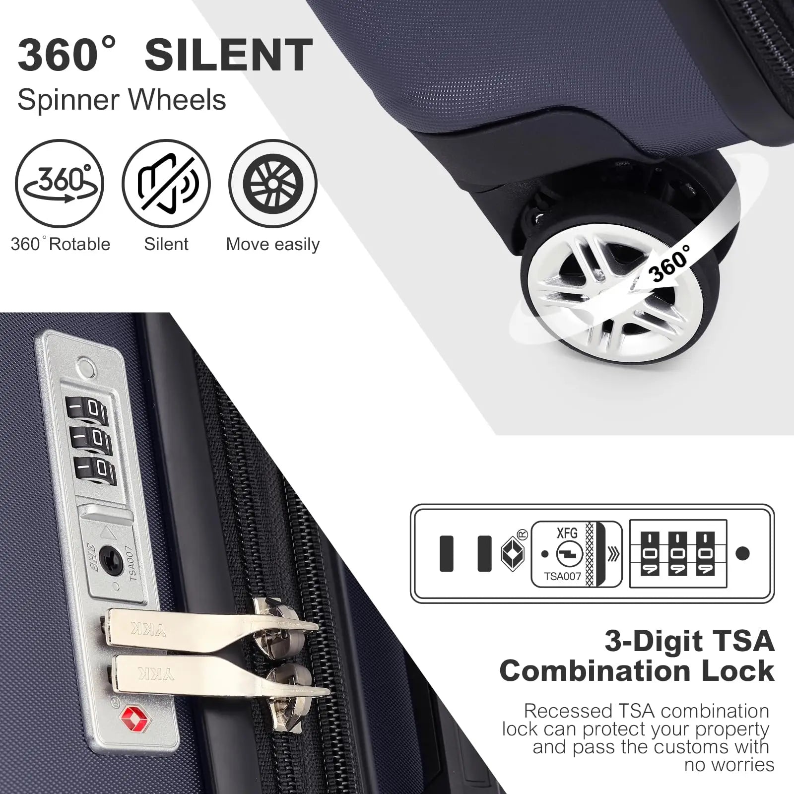 KONO hand luggage Suitcase-Lightweight hard case with TSA Lock & 4 spinner wheels, cabin-fit (55/65/75cm)